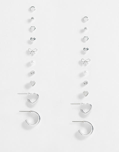 Accessorize – 10er-Pack silberfarbene Ohrstecker im Schleifen- und Creolendesign - view 1