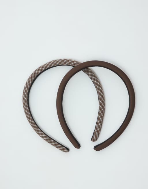 Accessorize 2 pack check satin headbands in choc brown, 2 of 4