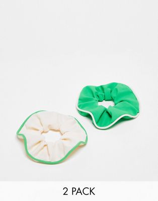 Accessorize 2 pack piped scrunchies in green/white
