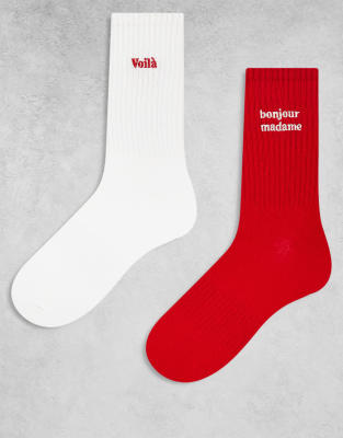 Accessorize - 2er-Pack Socken in Rot und Weiß mit aufgesticktem Text