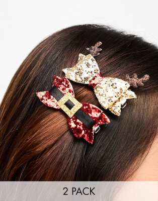 Accessorize - 2er-Pack Weihnachtshaarspangen mit glitzernder Schleife in Rot und Goldoptik-Bunt