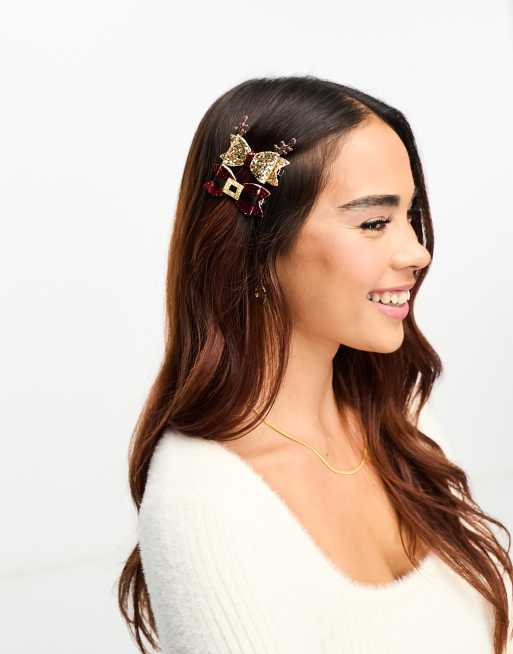 Accessorize – 2er-Pack Weihnachtshaarspangen mit glitzernder Schleife in Rot und Goldoptik, 4 von 4