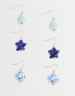 3-pack ceramic fish hoop earrings in blue