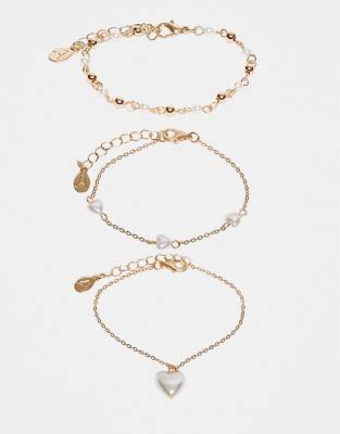 Accessorize 3 pack delicate faux pearl heart bracelet in gold tone