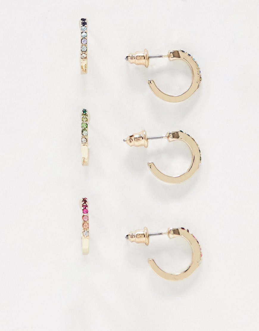Accessorize 3 pack huggy hoop earrings in rainbow diamante-Multi