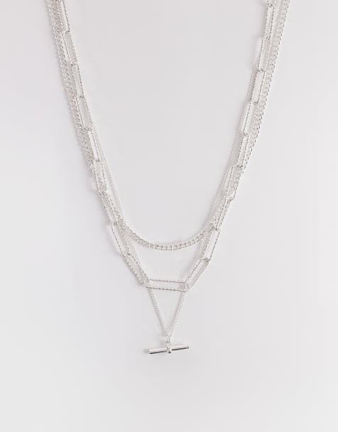 Accessorize 3 row delicate t bar necklace in silver - view 1