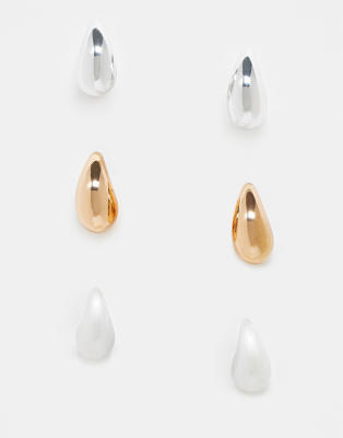 Accessorize - 3er-Pack tropfenförmige Mini-Ohrringe in Gold-, Silber- und Perlmuttoptik-Goldfarben