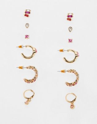 Accessorize 6 pack eclectic stud and hoop earrings in pink and gold - ASOS Price Checker