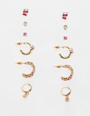 Accessorize 6 pack eclectic stud and hoop earrings in pink and gold - ASOS Price Checker