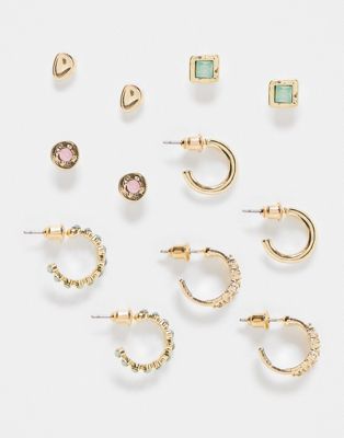 Accessorize 6 pack gem stud and hoop earring set in gold/green