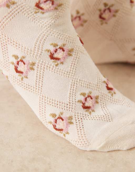 Accessorize all over printed rose socks in cream, 2 of 3