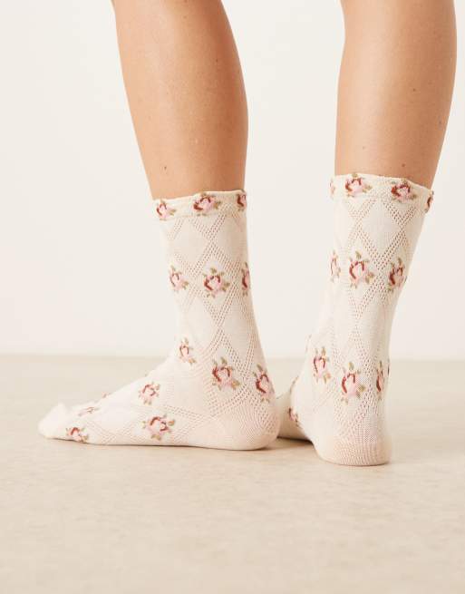 Accessorize all over printed rose socks in cream, 3 of 3