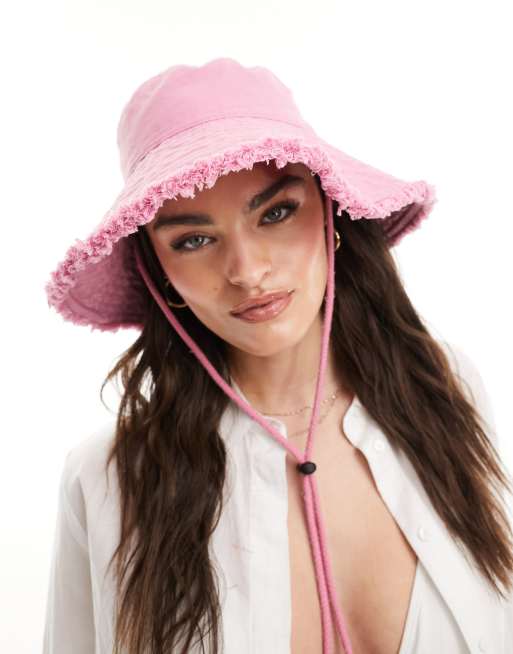 Accessorize – Anglerhut in Rosa aus Baumwolle mit Fransen und Knebelverschluss