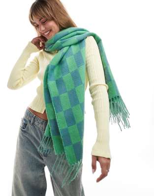 Accessorize Annie checkerboard scarf in green and blue-Multi