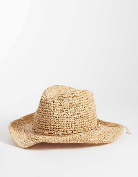 Accessorize bead trim straw cowboy hat in beige - view 1