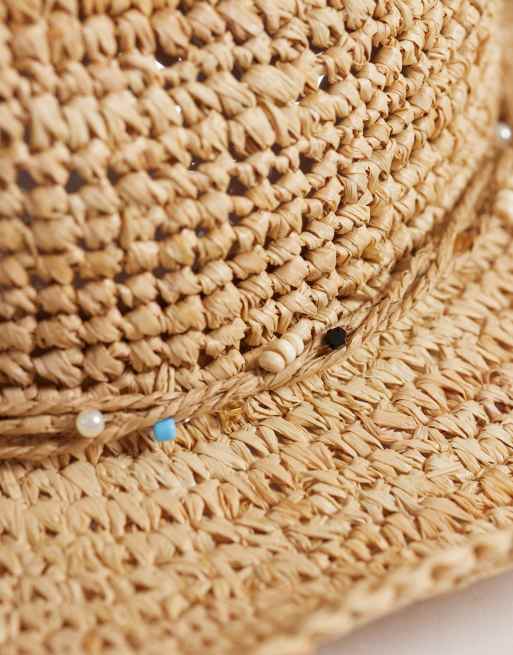 帽子 AMERI MEDI BEADS STRING STRAW HAT Accessorize bead trim straw cowboy hat in beige | ASOS