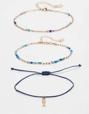 Accessorize Accessorize beaded fish 3 pack anklets in blue