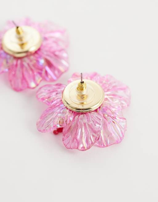 Accessorize beaded hibiscus flower earrings in pink, 3 of 4