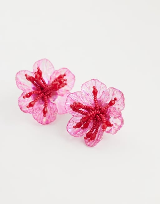 Accessorize beaded hibiscus flower earrings in pink, 4 of 4