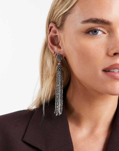 Accessorize beaded tassel long drop earrings in pewter - view 1