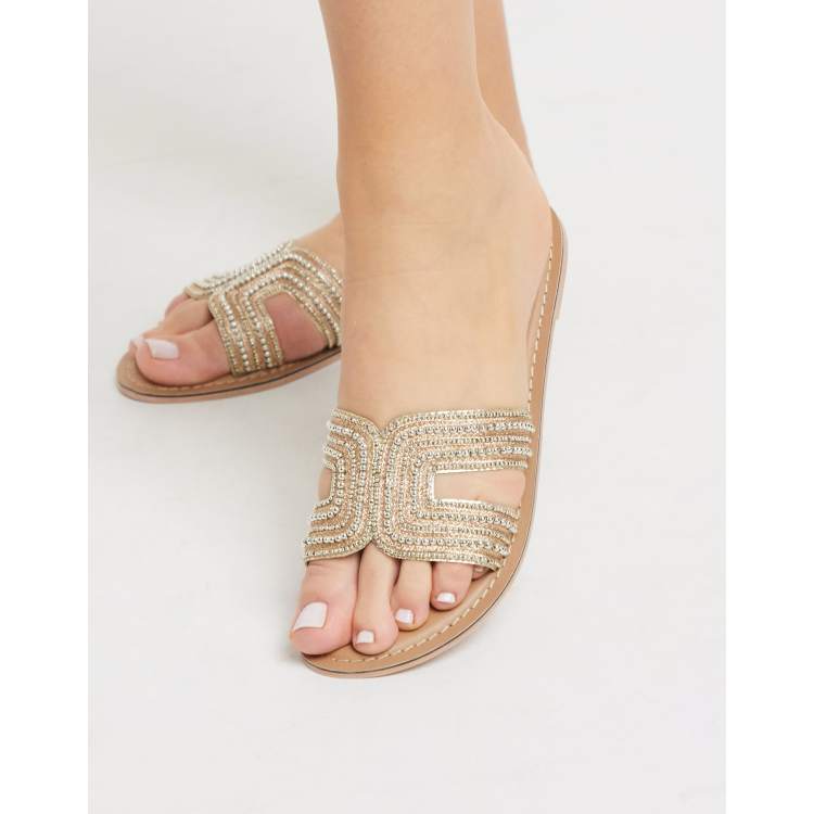 Accessorize Bella beaded flat sandals in gold ASOS