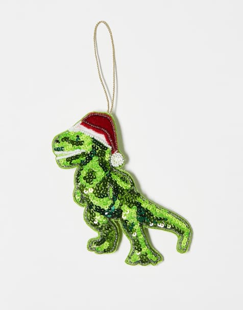 Accessorize – Bestickter Weihnachtsbaumschmuck im Tyrannosaurus-rex-mit-Weihnachtsmannmütze-Design mit Paillettenbesatz - view 1