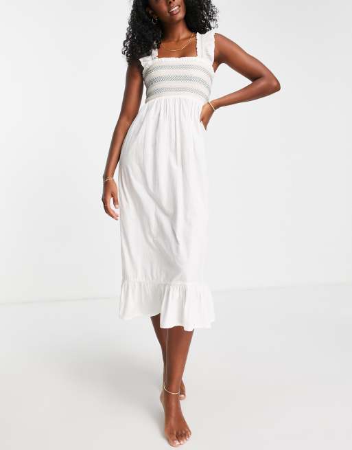 Accessorize – Besticktes Strandsommerkleid in Cremeweiß mit gerüschten Trägern in Midilänge  