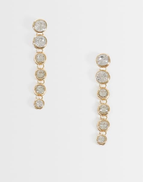 Accessorize bezel crystal long drop earrings in gold - view 1