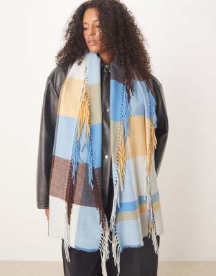 Accessorize Accessorize blue and cream check blanket fringe scarf in multi