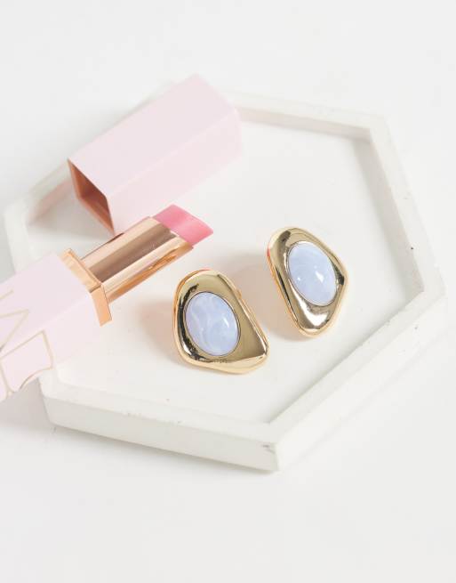 Accessorize blue stone molten shield stud earrings in gold, 2 of 4
