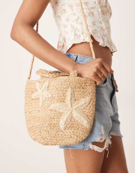 Accessorize - Borsa a mano piccola colore naturale con stelle marine ricamate