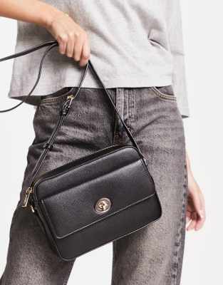 Borsa Media in Pelle Liscia con Chiusure Laterali Hardware Gold Colore