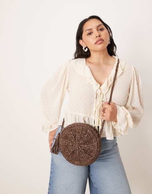 Accessorize - Borsa a tracolla rotonda in rafia color cioccolato