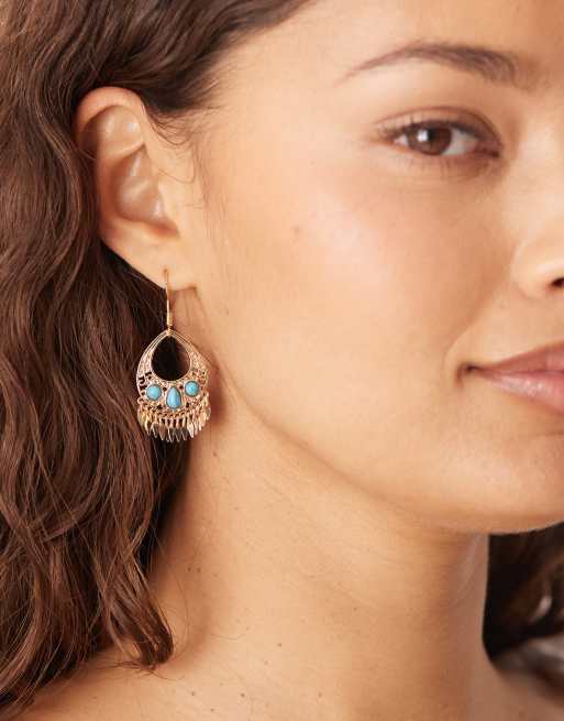 Accessorize - Boucles d'oreilles effet frangé avec pierres - Doré/bleu