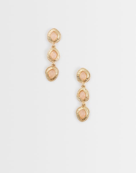 Accessorize - Boucles d'oreilles pendantes effet fondu avec triple pierre rose - Doré - view 1