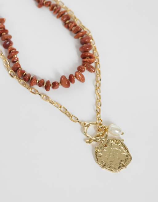 Accessorize – Bruna och guldfärgade halsband med stenflisor och hängsmycke, 2-pack, 3 av 4