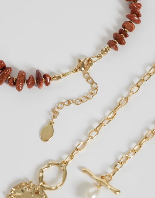 Accessorize – Bruna och guldfärgade halsband med stenflisor och hängsmycke, 2-pack, 4 av 4