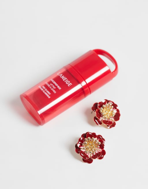 Accessorize burgundy enamel flower mini stud earring in gold, 3 of 4