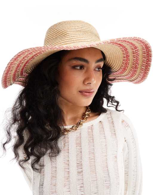 Accessorize - Cappello estivo a falda larga di colore naturale con impunture rosa