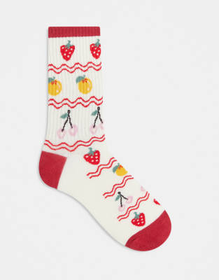 Chaussettes à motif fruits - Crème/multicolore-Blanc