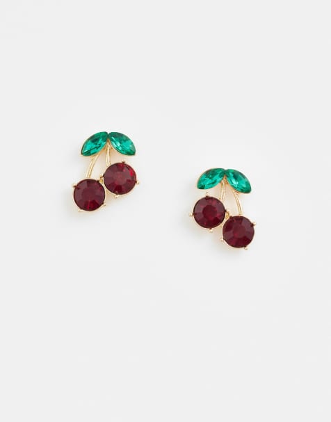 Accessorize cherry diamante stud earrings in gold - view 1