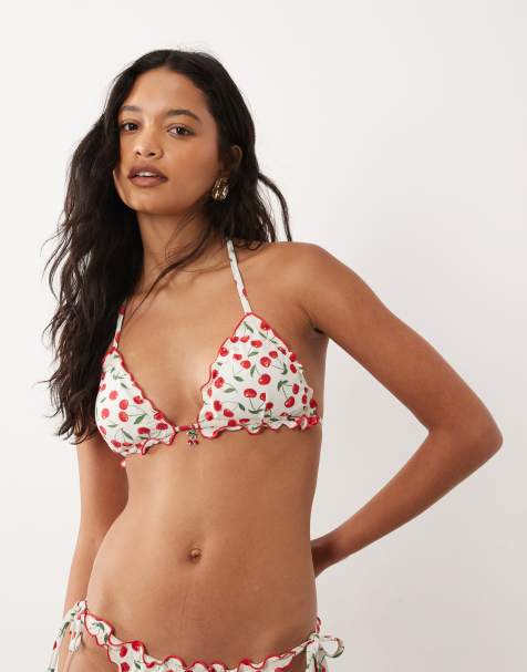Accessorize cherry print triangle bikini top with contrast trim in white - view 1