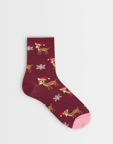 Accessorize christmas reindeer socks in burgundy - view 1