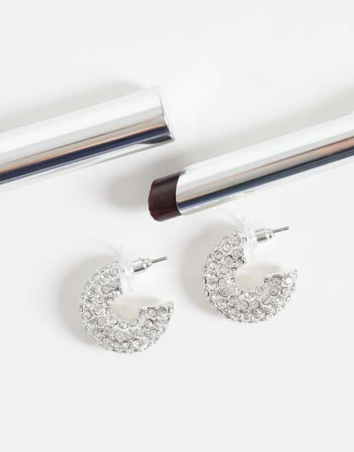 Accessorize chubby sparkle hoop earrings in silver, 2 of 4