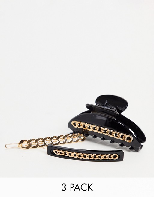 Accessorize hair claw clip and slide pack in black and gold