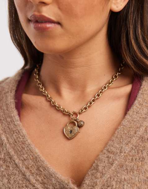 Accessorize - Collier à grosses mailles avec breloques et cadenas en cœur - Doré brossé - view 1
