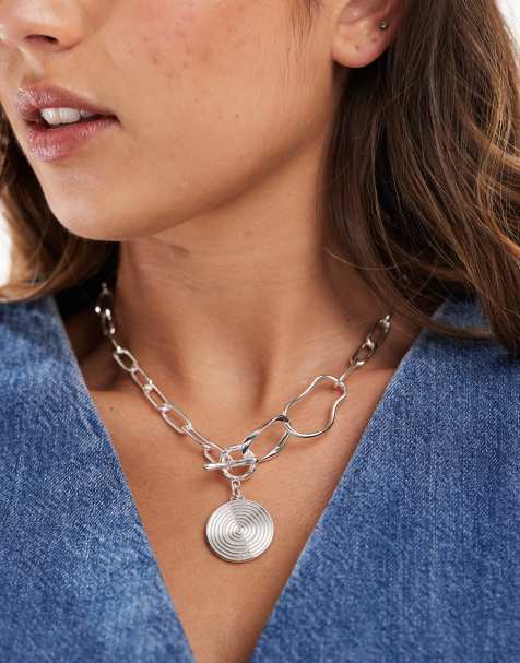 Accessorize - Collier à maillons chunky avec disque en argent massif - Argenté - view 1