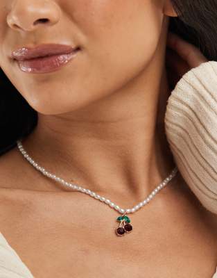 Accessorize - Collier de perles avec pendentif cerise - Blanc