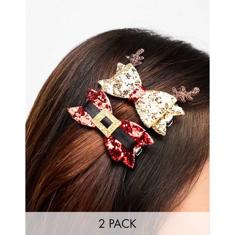 2 paia di fermagli per capelli di Natale - Copricapo con corna di renna di Natale, simpatici fiocchi cravatta corna orecchie capelli spille, festa di