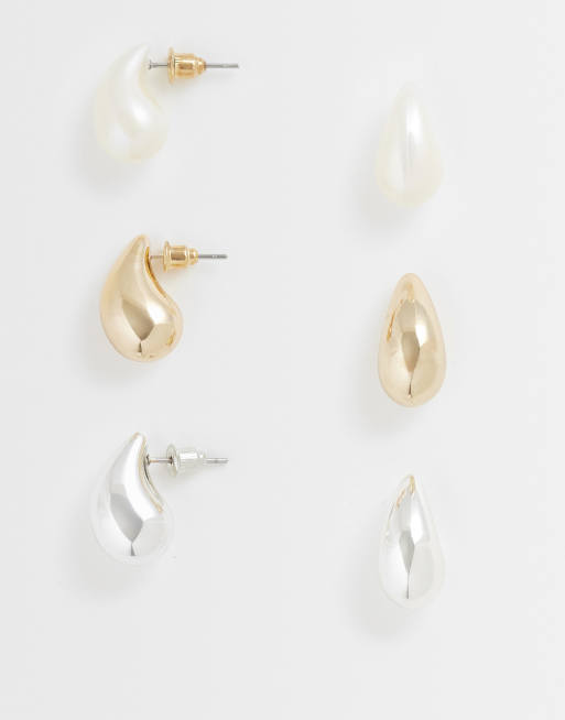 Accessorize - Confezione da 3 paia di orecchini piccoli a goccia color oro con perle